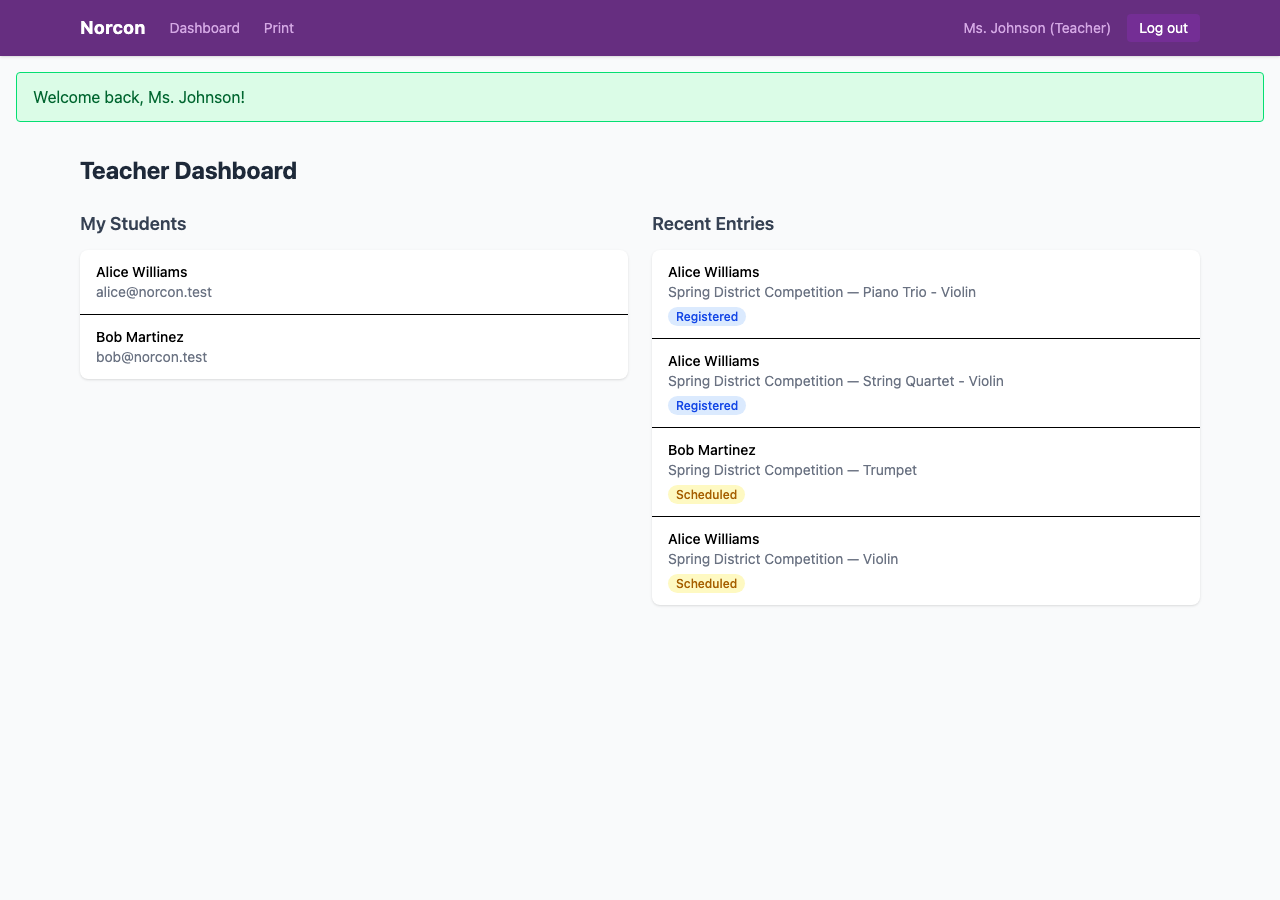 Teacher dashboard showing students and entries